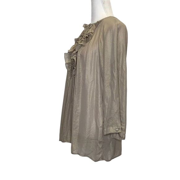Nanette Lepore ruffle Tan Gold Shimmer Tunic Oversized Blouse sz 10 Cuff sleeve - Picture 2 of 9